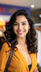 Happy woman wearing an orange top