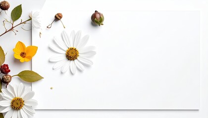 White flowers, yellow flower, buds and greenery on a white blank surface, with copy space