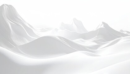 Rendered, abstract landscape with undulating hills and mountain peaks in monochrome