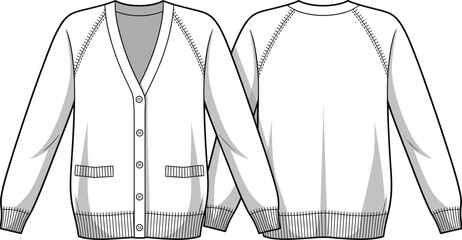 Cardigan sweater fashion template, front and back view, flat vector, technical drawing, raglan sleeve, V-neck, garment design, apparel sketch