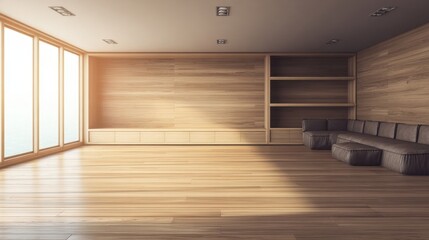 Fototapeta premium A minimalist interior with white walls and wooden flooring features built-in shelves and large windows,