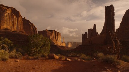 Vast desert landscape with red-brown sand, scattered shrubs, and towering rock formations under a soft sunset glow,