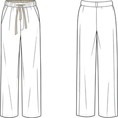 Flat vector fashion illustration of relaxed fit pants, front and back view, technical drawing, casual wear, garment design, apparel sketch