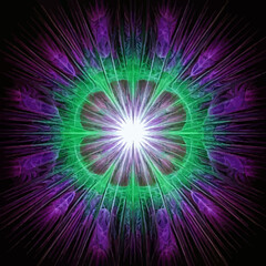 Bright blue and purple light bursts in a colorful abstract fractal space design with glowing stars and energy rays