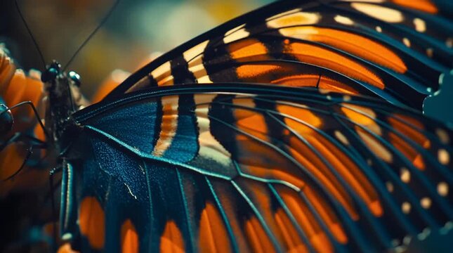 Butterfly wing macro orange black blue white pattern texture closeup detail nature beauty delicate elegance vibrant color serene mood