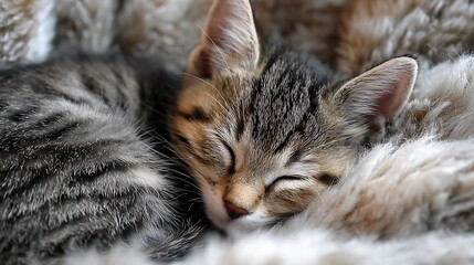 Close-up of a sleeping tabby kitten nestled in a soft, fluffy blanket, peacefully resting.