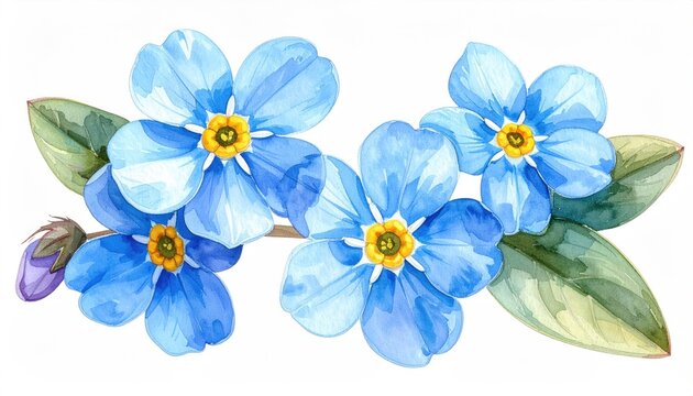 Watercolor depiction of forget-me-nots, vibrant blue flowers, leaves, and buds, white background