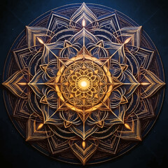 Abstract floral gold mandala ornament pattern with geometric texture on a dark background