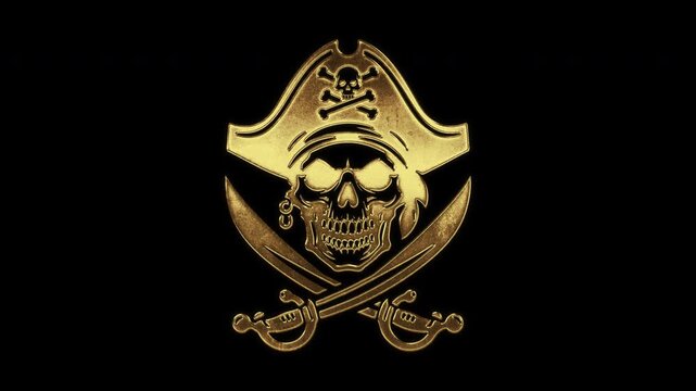 Pirate symbol with slightly reflected outlines on a gold foil-like surface, loop, alpha channel


