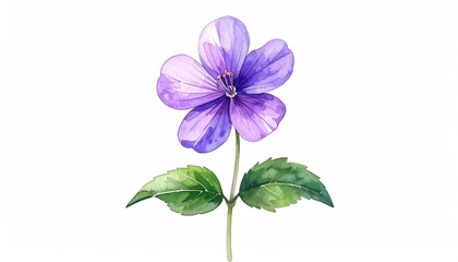 Watercolor illustration of a purple flower with green leaves and a white background