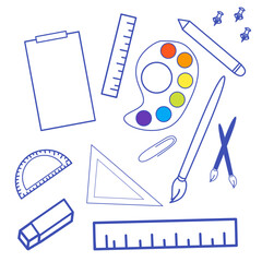 Creative Art Stationery Outline Illustration—Painter Palette, Ruler, Brushes, Compass, and Drawing Tools for Design, School, and Craft Projects