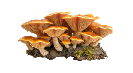 Cluster of orange mushrooms on a wooden base, created with AI