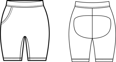 Flat vector technical drawing of athletic shorts front and back view, fashion design template, garment construction, sewing pattern illustrationFlat vector technical 