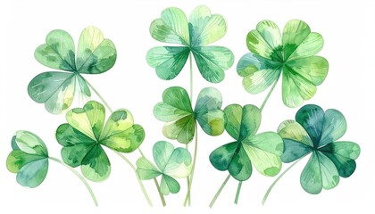 Watercolor illustration of multiple vibrant green shamrocks on white background