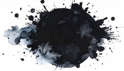 Dark blotched ink bursts outward from a central orb, a gradient of monochrome tones