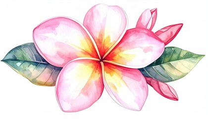 Fototapeta premium Watercolor painting of a pink and yellow flower with leaves and buds