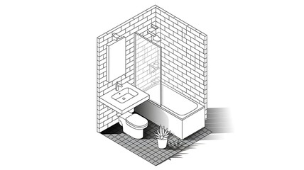 a crisp, black-and-white isometric line drawing illustrating a bathroom layout instructional,  Black and white illustration of bathroom layout, created with generative ai