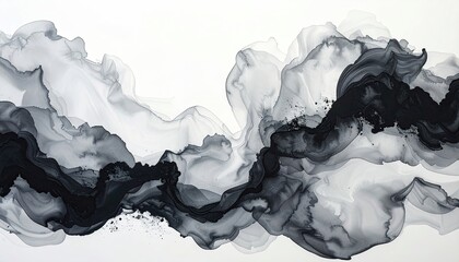 Fototapeta premium Abstract ink painting of smoky, flowing forms in shades of gray and black on white