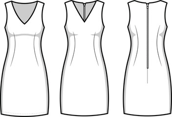 Flat vector technical fashion illustration of sleeveless dress, front back view, V-neckline, princess seam, zipper detail, garment construction
