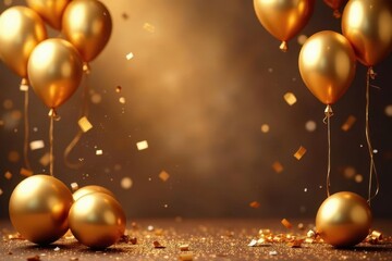 Elegant gold balloons & confetti fall on rich background, shiny, luxury
