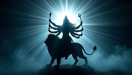 Powerful silhouette of goddess durga riding a lion under radiant light