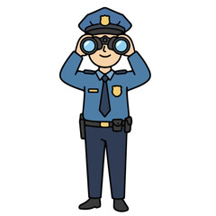 Vigilant cartoon police officer on watch, looking through binoculars for surveillance