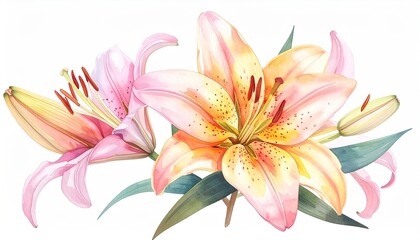 Naklejka premium Watercolor illustration of pink and orange lilies, green leaves on a white background