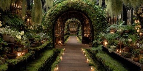 Fototapeta premium Ornate Victorian greenhouse filled with exotic carnivorous plants and hanging moss