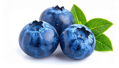 Three plump, glossy, deep-blue fruits with green leaves on a white background