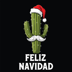 Feliz Navidad lettering spanish typography Merry Christmas cactus and Santa Red hat Vector illustration for holidays festive design.