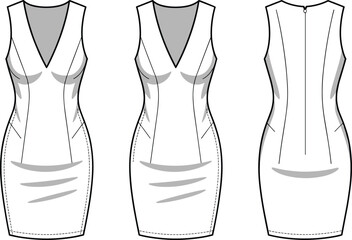 Flat vector technical fashion illustration of sleeveless fitted dress, front back view, deep V-neck, princess seam, garment construction