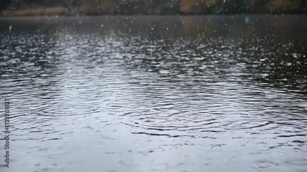 Wall mural thousands of tiny hail pellets continuously fall onto a calm, dark lake surface, creating mesmerizin