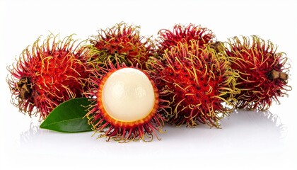fresh rambutan fruit with hairy skin, peeled fruit inside