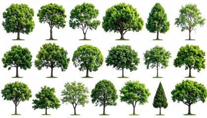 Diverse collection of green trees on a white background, isolated and in full leaf