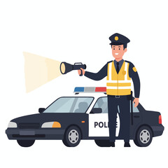 Cartoon vector illustration of a police officer in uniform with a car