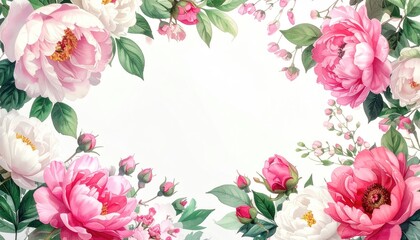 A floral border of vibrant pink and white peonies with green foliage on white