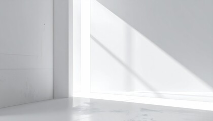 Minimalist white interior with bright natural light casting shadows