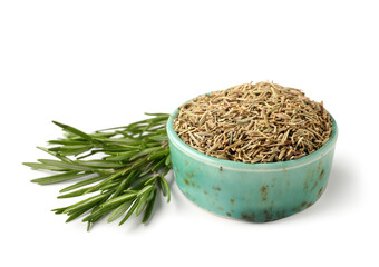Bowl with dried rosemary and fresh twigs isolated on white background, closeup
