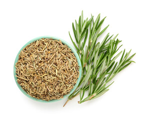 Bowl with dried rosemary and fresh twigs isolated on white background, closeup