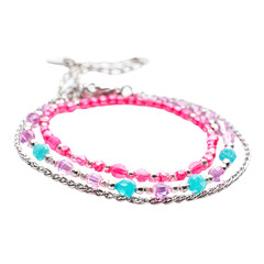 Multi-strand beaded bracelet with pink, purple, and teal accents