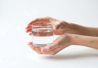Woman's hands gently holding a glass of pure, fresh, clear water