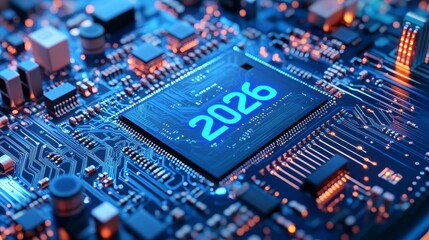 Obraz premium A blue circuit board with 2026 on it, featuring chip and microchip elements, isometric view