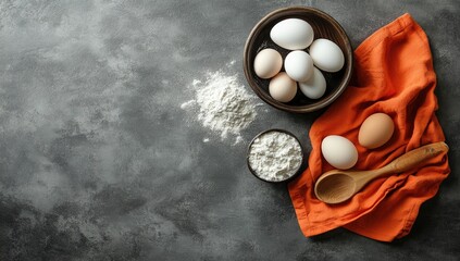 Ingredients for baking, eggs & flour, gray marble table