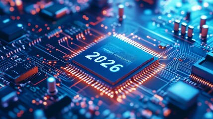 A blue circuit board with 2026 on it, featuring chip and microchip elements, isometric view