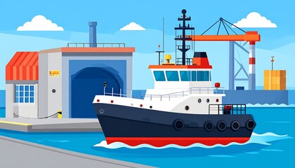 Harbor tugboat leaving a docking tunnel