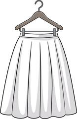 White pleated skirt, high waist fashion, elegant clothing, wardrobe staple, minimalist style, hanging on hanger, flat vector illustration
