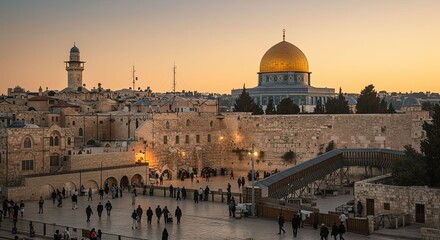 Fototapeta premium Historic Jerusalem Old City with Golden Dome and Stone Walls at Sunset