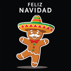 Feliz Navidad lettering spanish typography with cactus santa red hat and wearing Sombrero  Merry Christmas Vector illustration for holidays festive design.