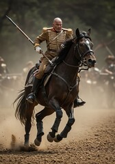 Historical Cavalry Officer Riding Dark Horse During Battle Scene in Dusty Arena