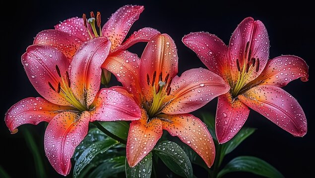 Pink lilies bloom, covered in dew drops, on a black background